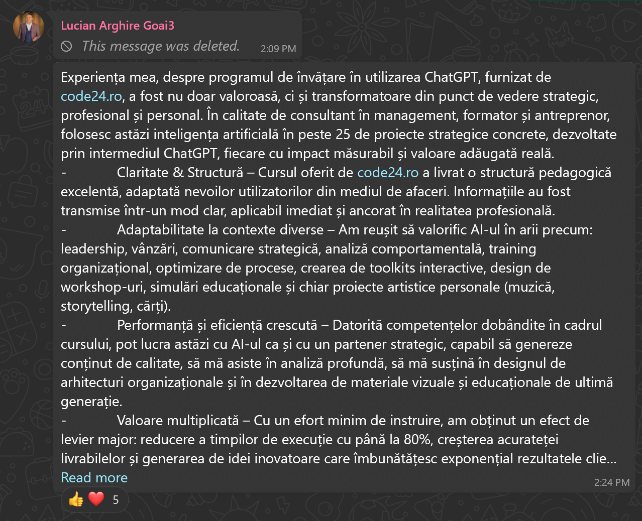 Testimonial Lucian Arghire - Training AI CODE24